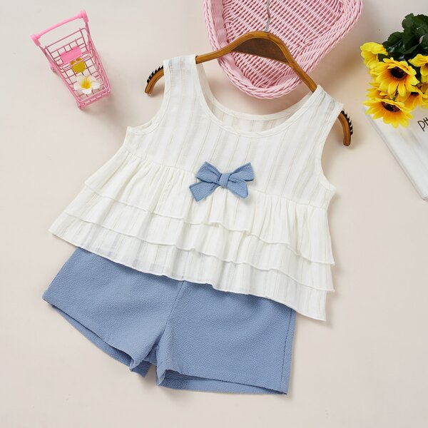 

Toddler Girls Bow Layered Ruffle Tank Top With Shorts, Blue and white