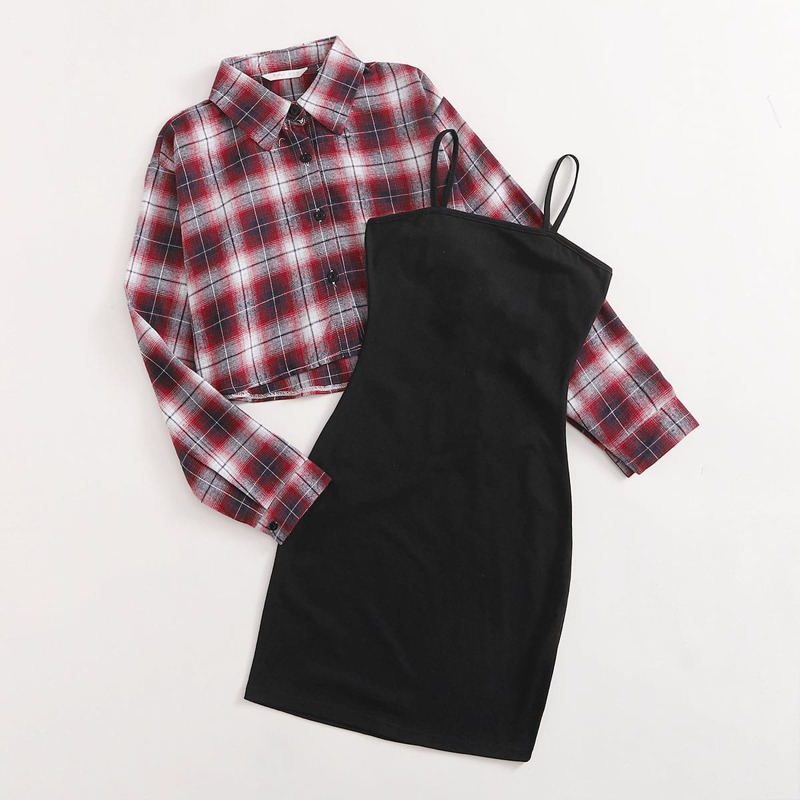 

Solid Cami Dress & Plaid Shirt, Multicolor
