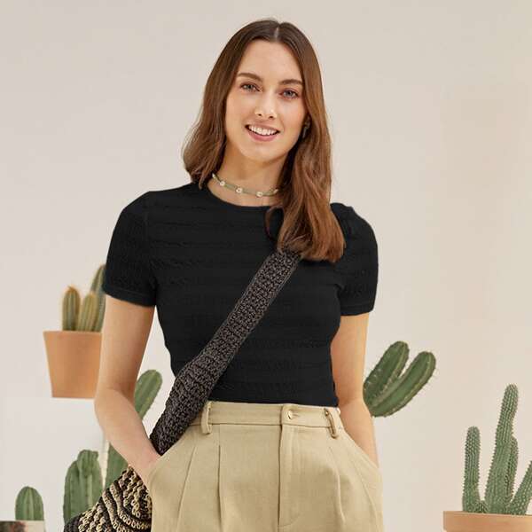 

Round Neck Shirred Tee, Black