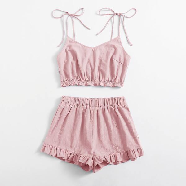 

Knot Strap Ruffle Hem Cami Top & Shorts Set, Dusty pink