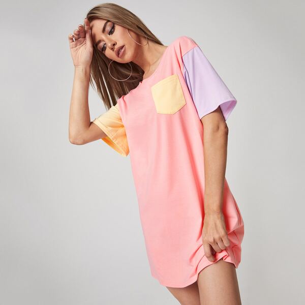 

Colorblock Drop Shoulder Tee Dress, Coral pink