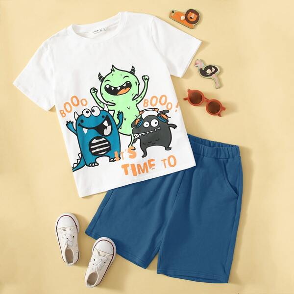

Boys Letter and Cartoon Print Top & Shorts Set, Multicolor