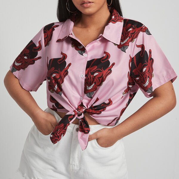 

Plus Graphic Print Button Up Blouse, Multicolor