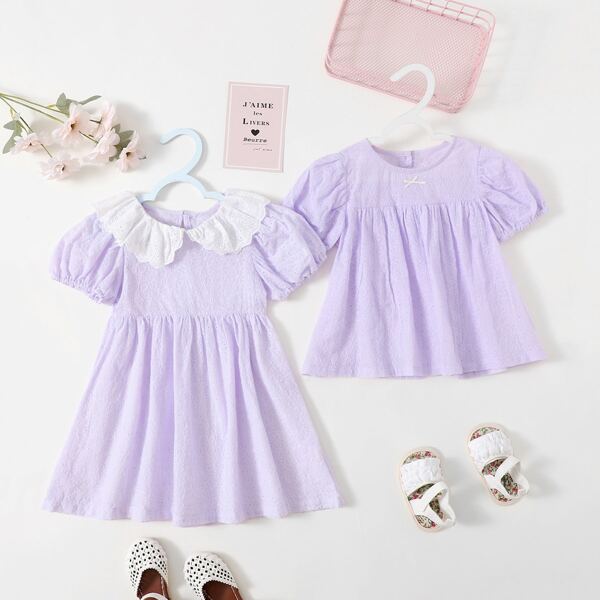 

Toddler Girls 1pc Schiffy Contrast Doll Collar Smock Dress, Lilac purple