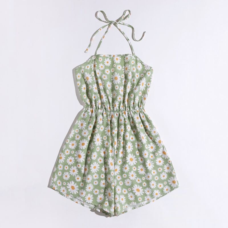 

Daisy Floral Halter Romper, Green