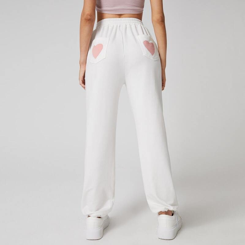 

Heart Embroidery Pocket Patched Sweatpants, White