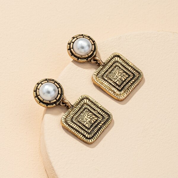 

Faux Pearl Decor Geometric Drop Earrings, Bronze