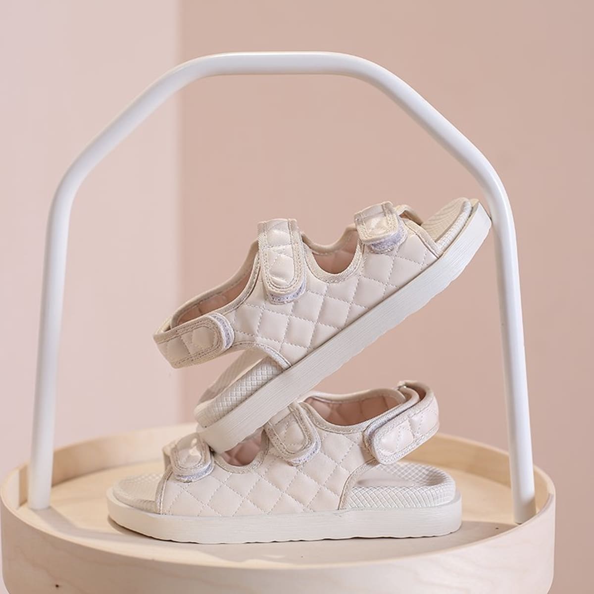 

Quilted Velcro Strap Sport Sandals, Beige