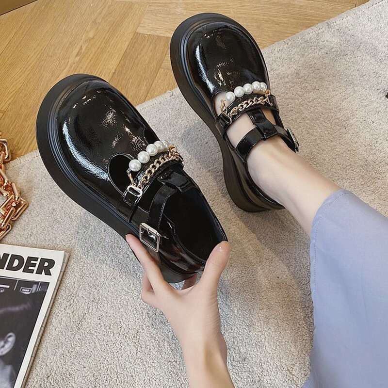 

Faux Pearl & Chain Ankle Strap Wedges, Black