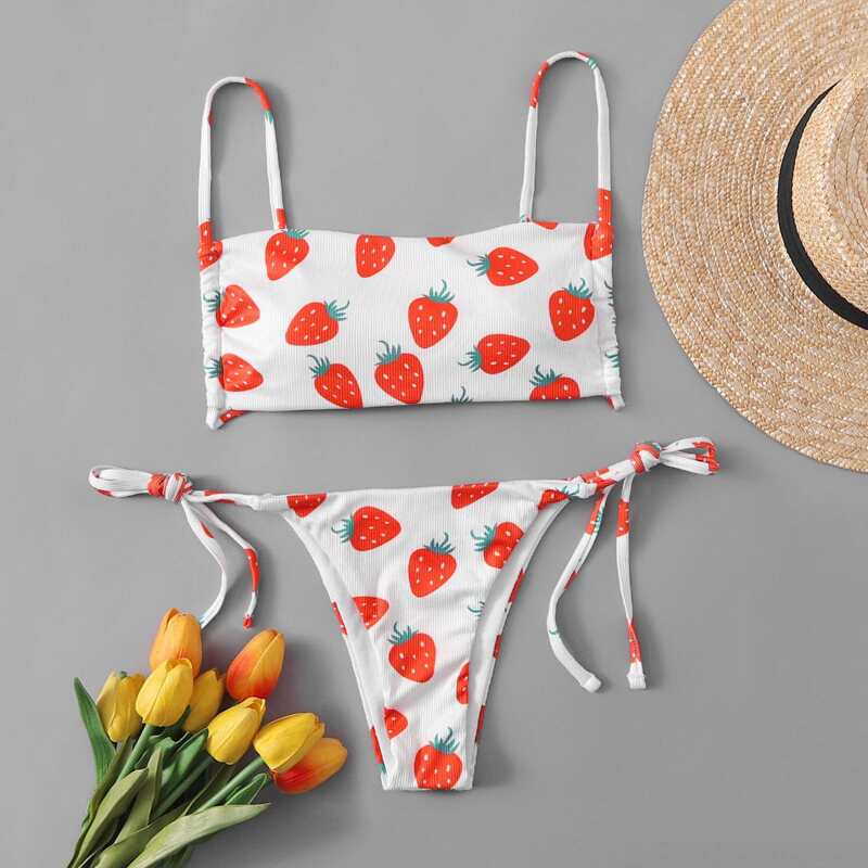 

Strawberry Print Tie Side Bikini Swimsuit, Red and white