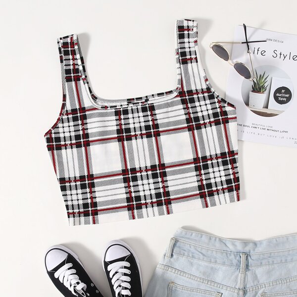 

Plus Tartan Print Crop Tank Top, Multicolor
