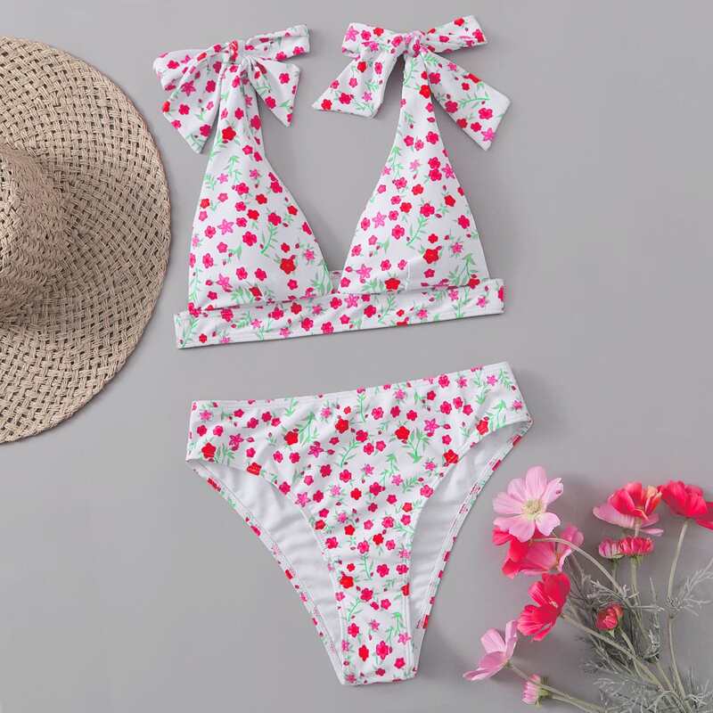 

Floral Tie Shoulder Bikini Swimsuit, Multicolor