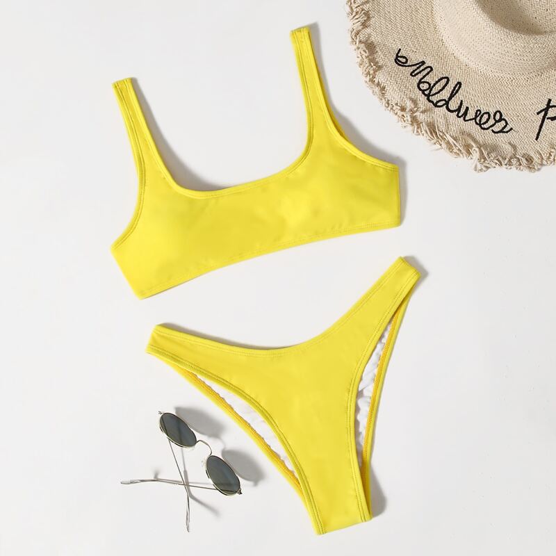 

Scoop Neck High Leg Bikini Swimsuit, Yellow