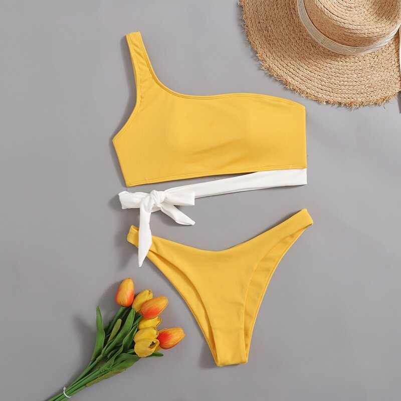 

Knot Decor One Shoulder Bikini Swimsuit, Yellow