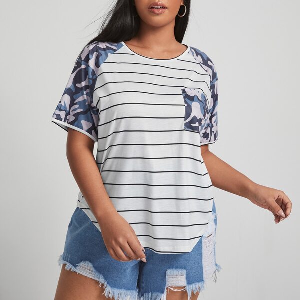 

Plus Camo And Stripe Print Pocket Front Tee, Multicolor