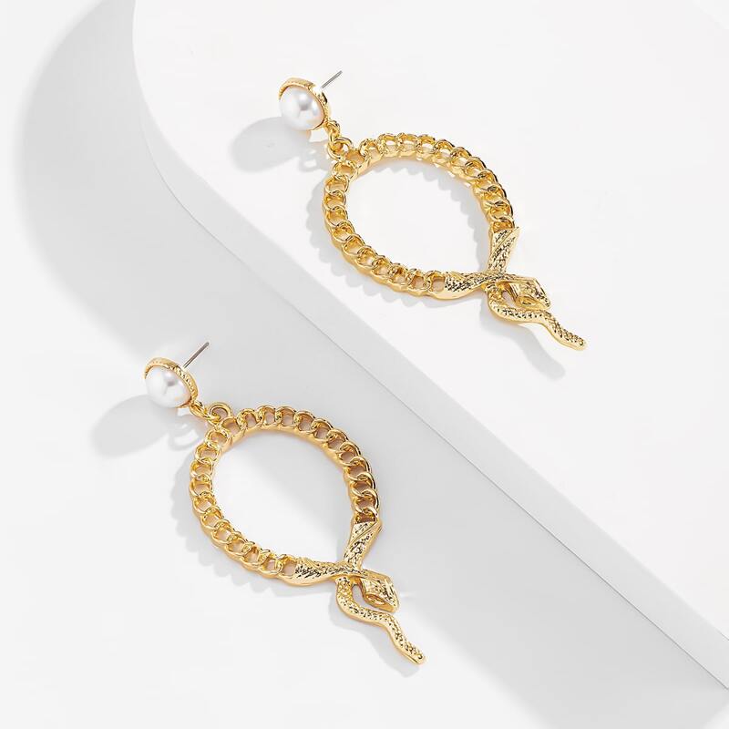 

Faux Pearl Decor Snake Design Drop Earrings, Gold