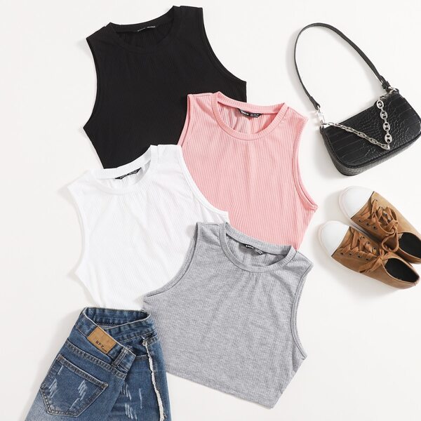 

4pcs Solid Ribbed Tank Top, Multicolor