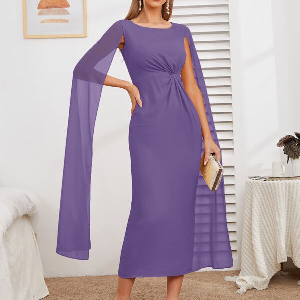 

Ruched Clock Sleeve Split Hem Fitted Dress, Violet purple
