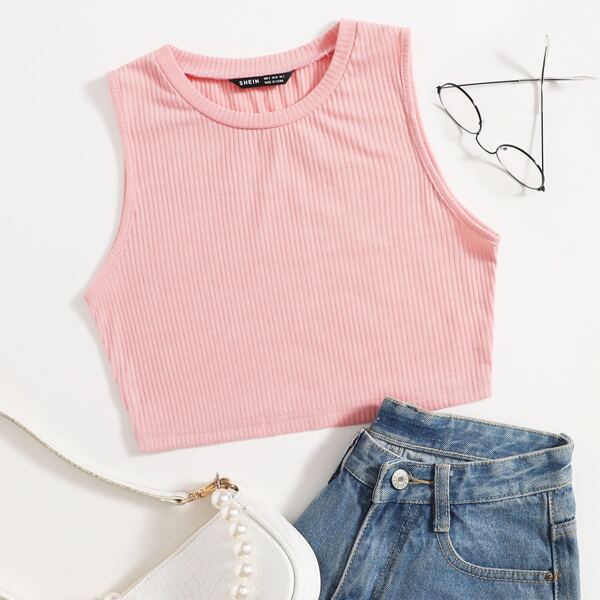 

Solid Rib-knit Crop Tank Top, Baby pink