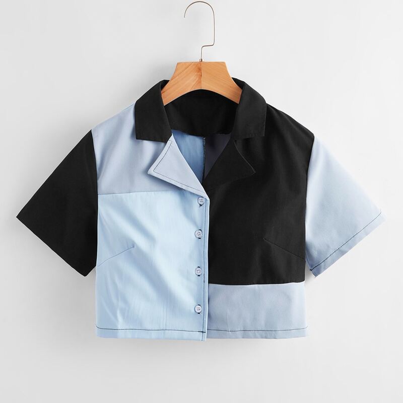 

Colorblock Button Front Crop Blouse, Multicolor