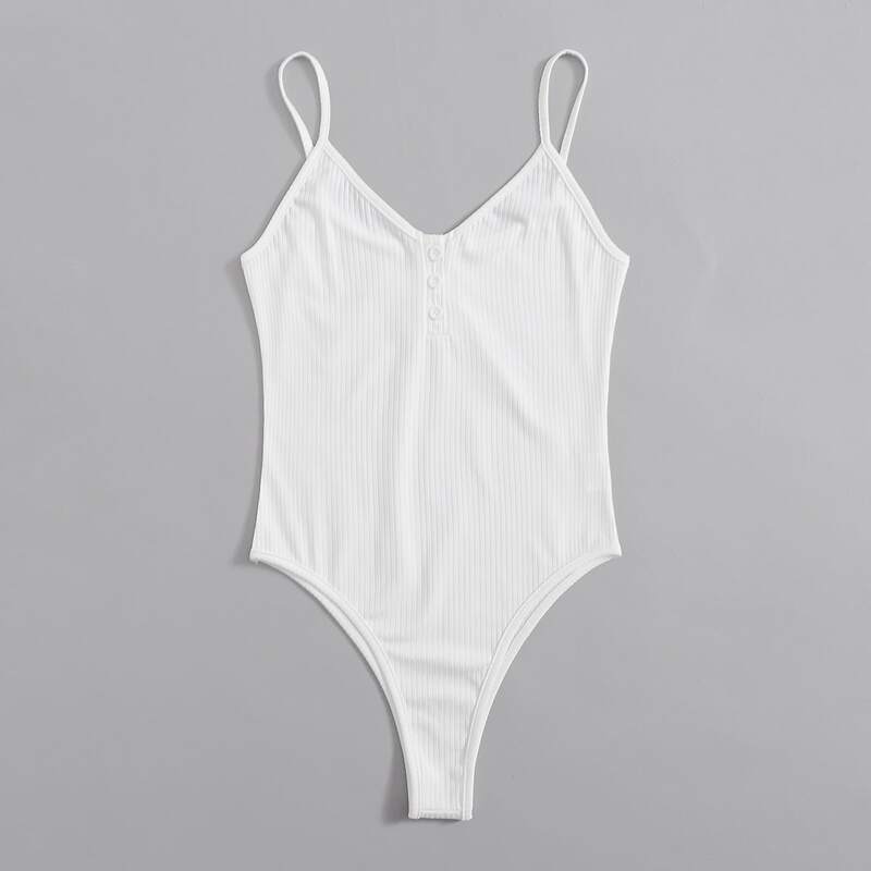 

Solid Button Ribbed Bodysuit, White