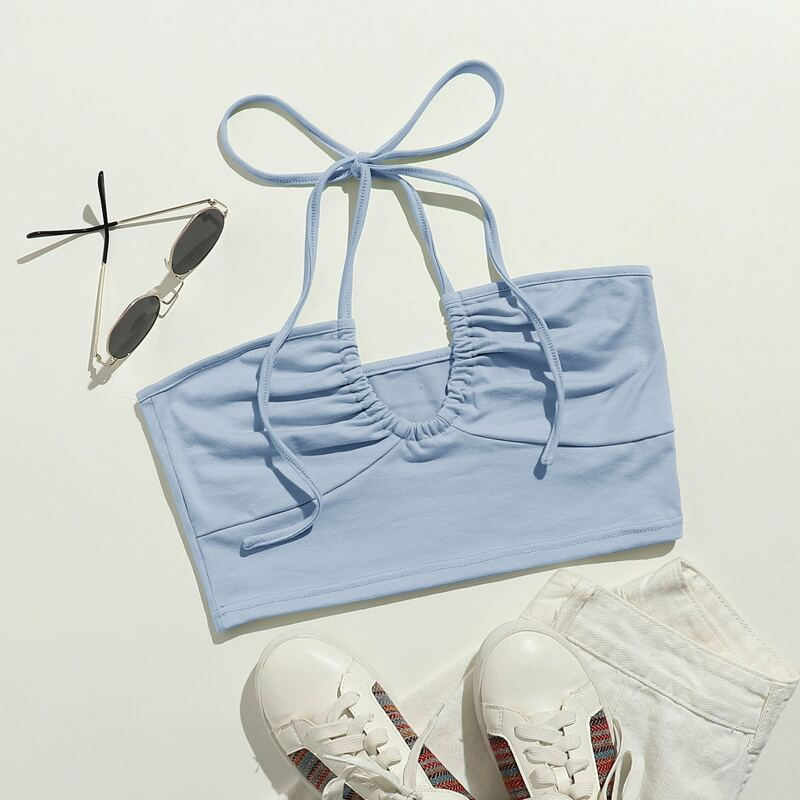 

Solid Cut Out Halter Crop Top, Baby blue