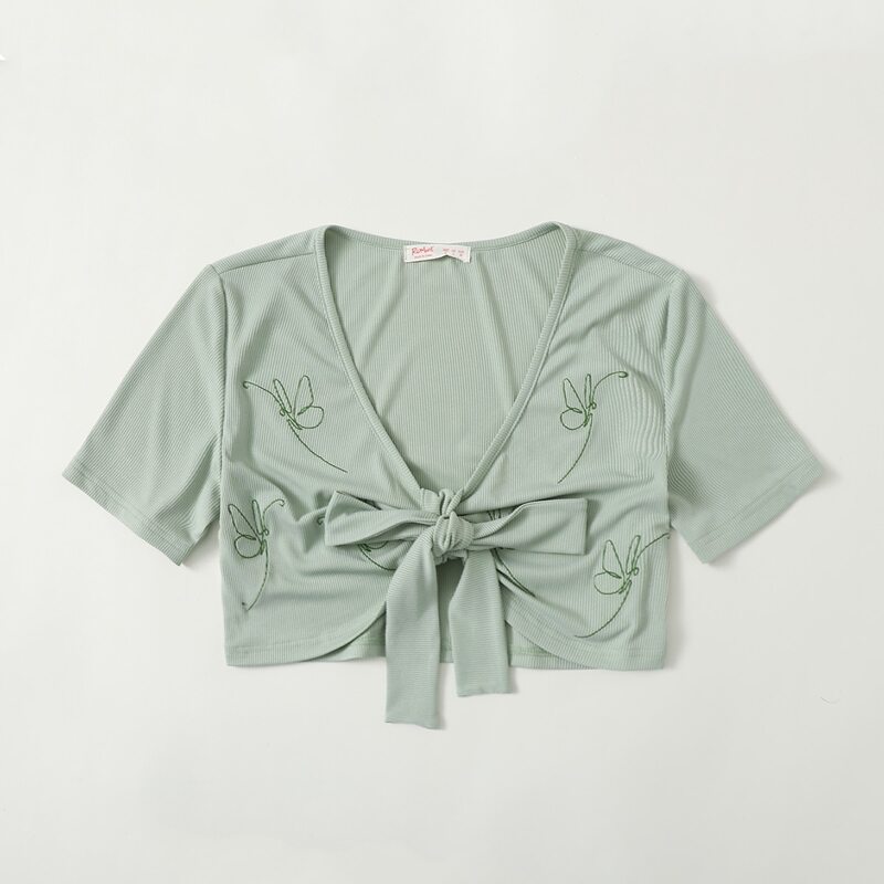 

Butterfly Graphic Tie Front Crop Top, Mint green