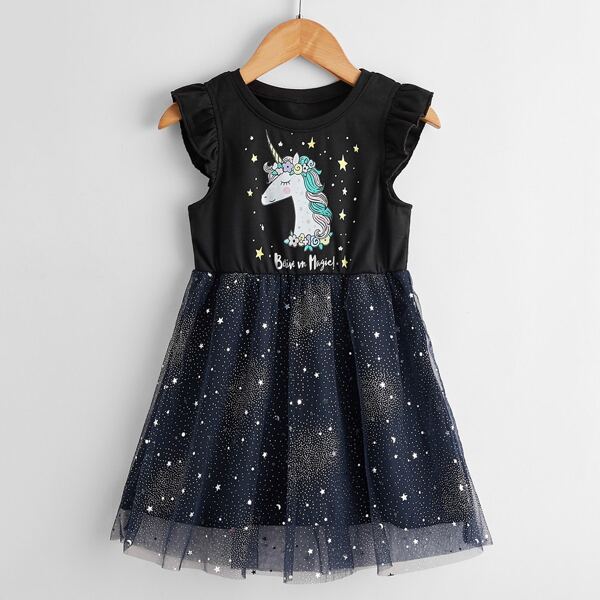 

Toddler Girls Cartoon & Galaxy Print Contrast Mesh Smock Dress, Black