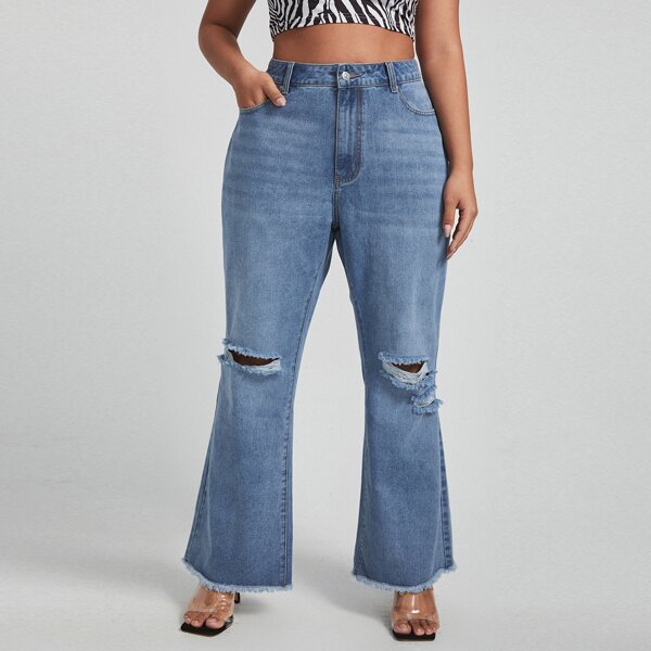 

Plus Ripped Raw Hem Flare Leg Jeans, Medium wash