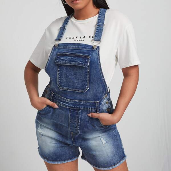 

Plus Washed Ripped Raw Hem Denim Overalls, Medium wash
