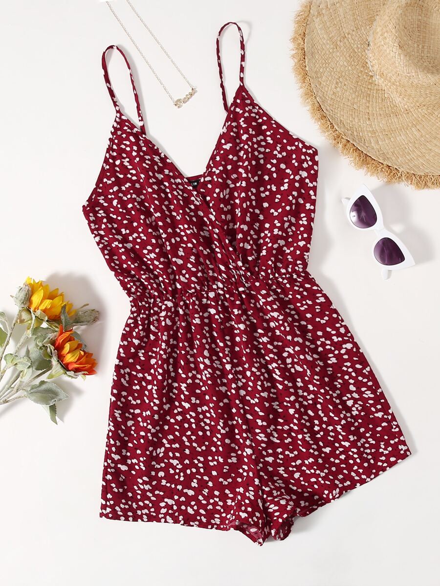 Soleia 圍裹細節小碎花吊帶連身短褲 - 酒紅色 - 查看 1