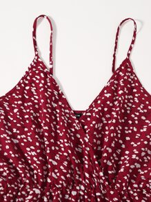 Soleia 圍裹細節小碎花吊帶連身短褲 - 酒紅色 - 查看 4