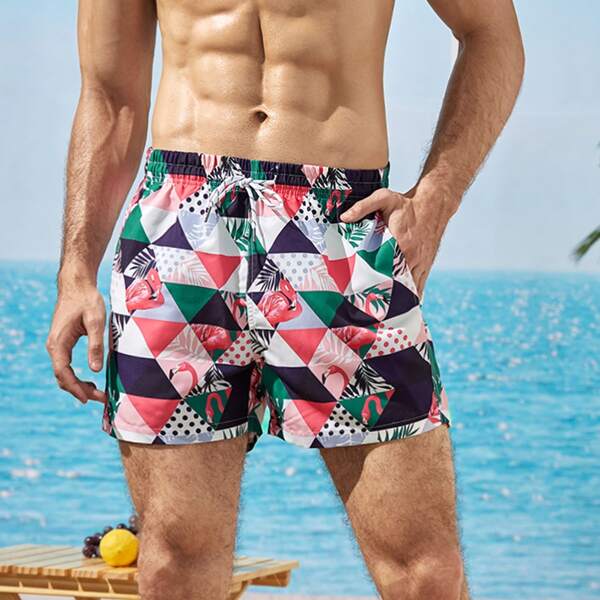 

Men Flamingo And Geo Print Swim Trunks, Multicolor