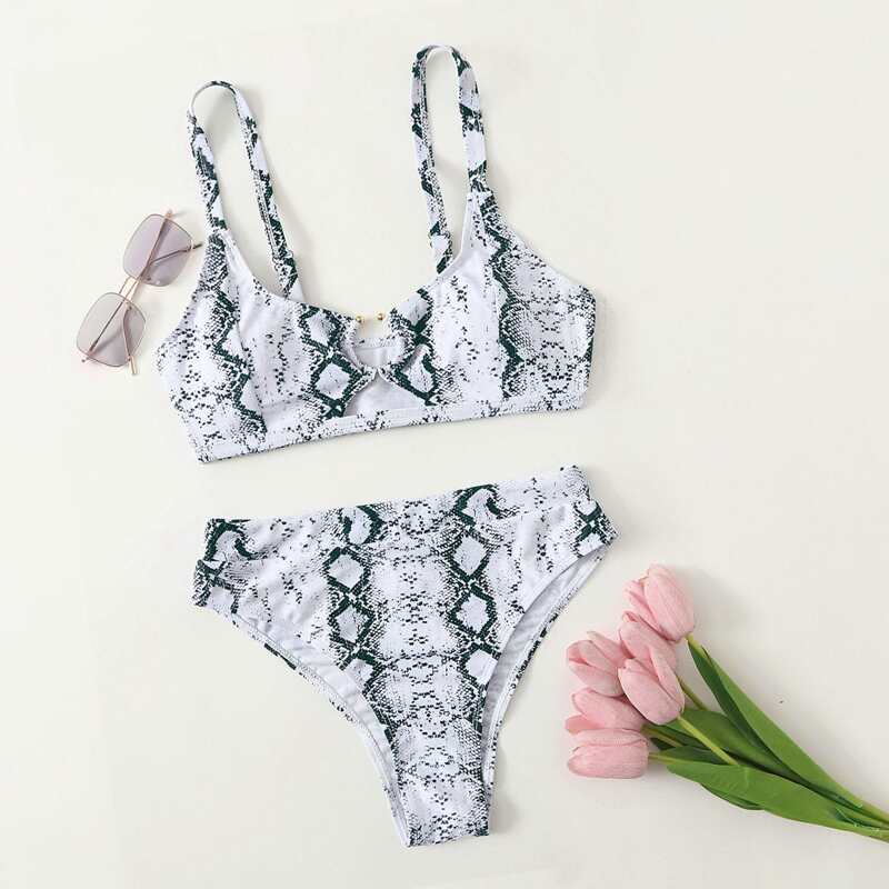 

Snakeskin Print Ring Decor Bikini Swimsuit, Black and white