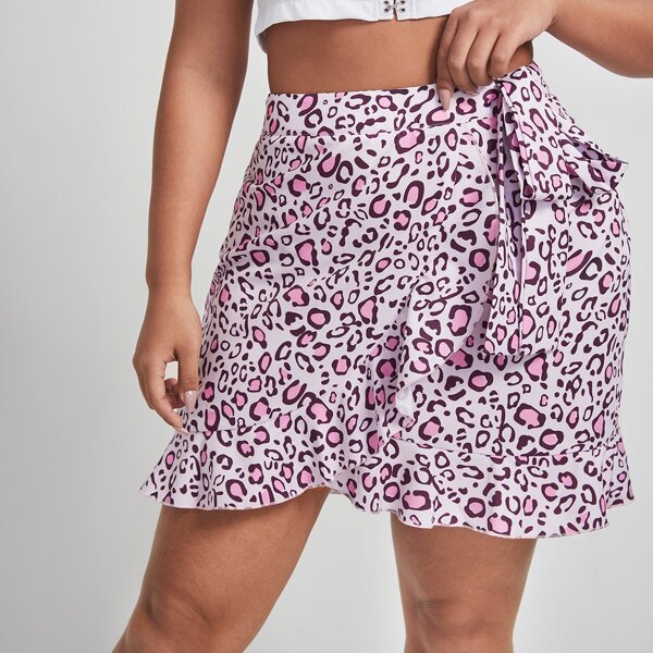 

Plus Allover Print Ruffle Trim Tulip Hem Knot Skirt, Multicolor