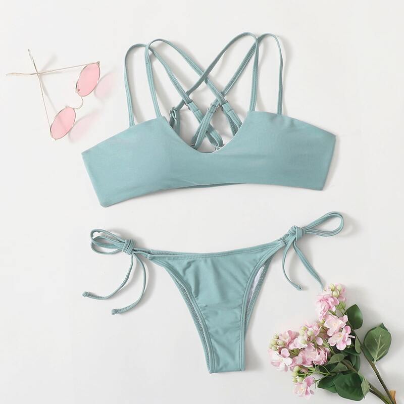 

Crisscross Back Tie Side Bikini Swimsuit, Blue
