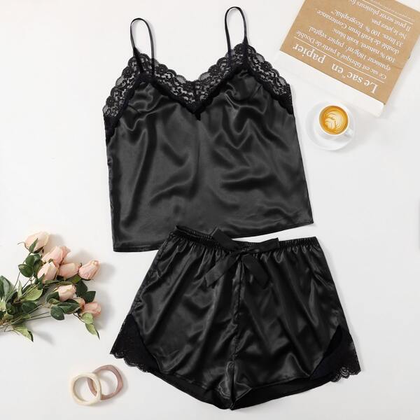 

Plus Lace Panel Satin Cami Pajama Set, Black
