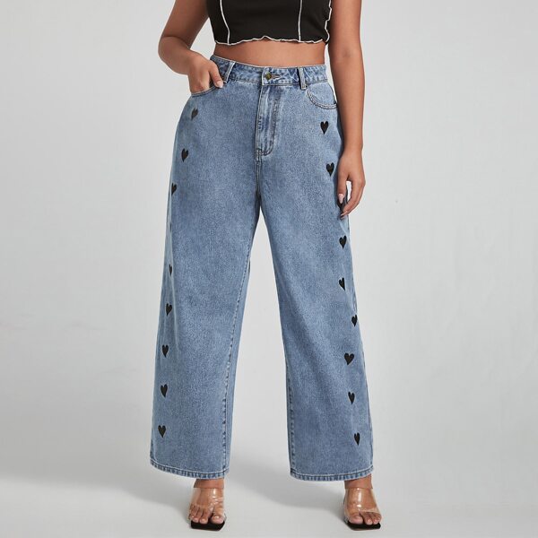 

Plus Heart Print Wide Leg Jeans, Light wash