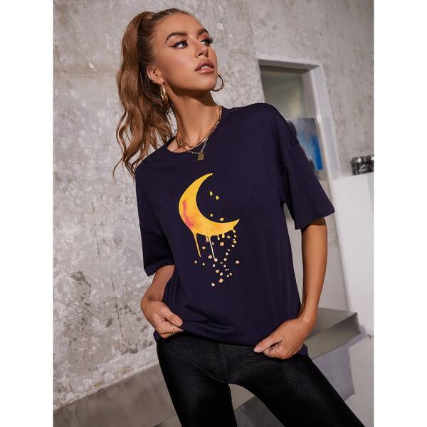 

Drop Shoulder Moon Print Tee, Navy blue
