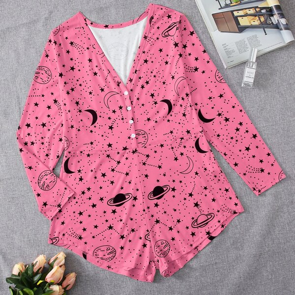

Plus Galaxy Print Button Front Pajama Onesie, Pink