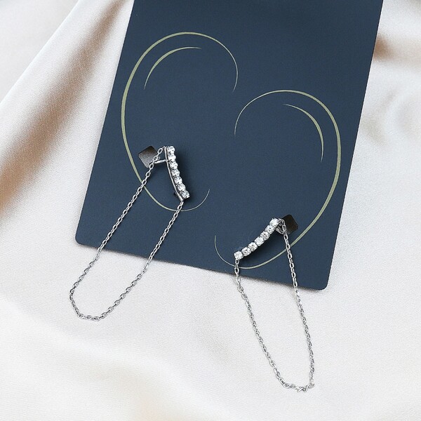 

Rhinestone & Chain Design Earrings, Silver