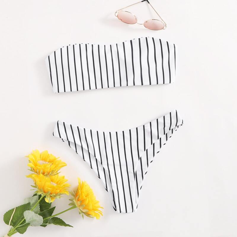 

Stripe Bandeau Bikini Swimsuit, Black and white