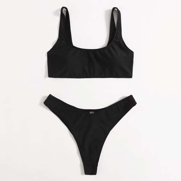 

Solid High Cut Bikini Swimsuit, Black