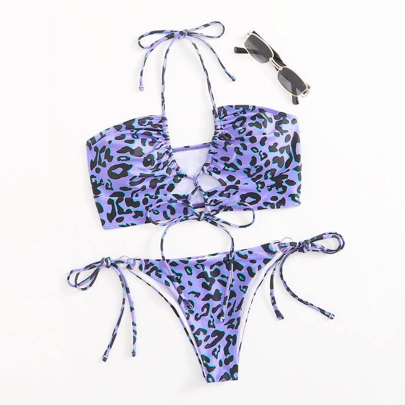 

Leopard Lace-up Halter Bikini Swimsuit, Purple