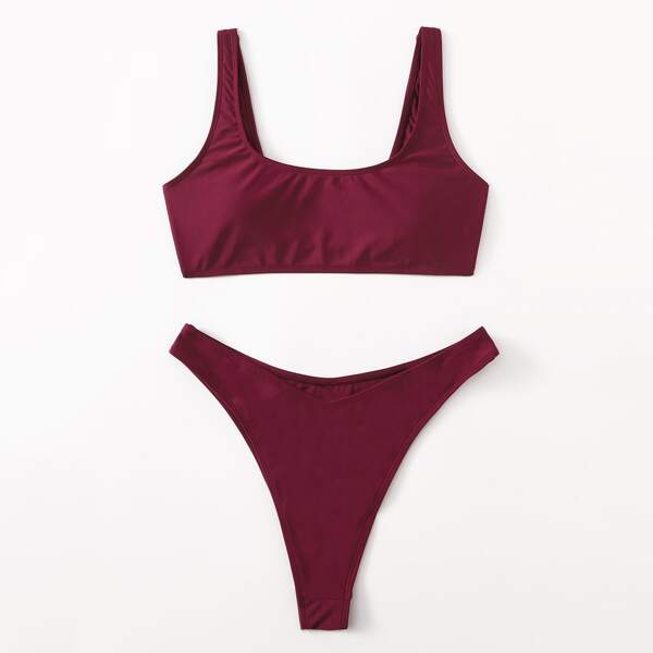 

Solid High Cut Bikini Swimsuit, Burgundy