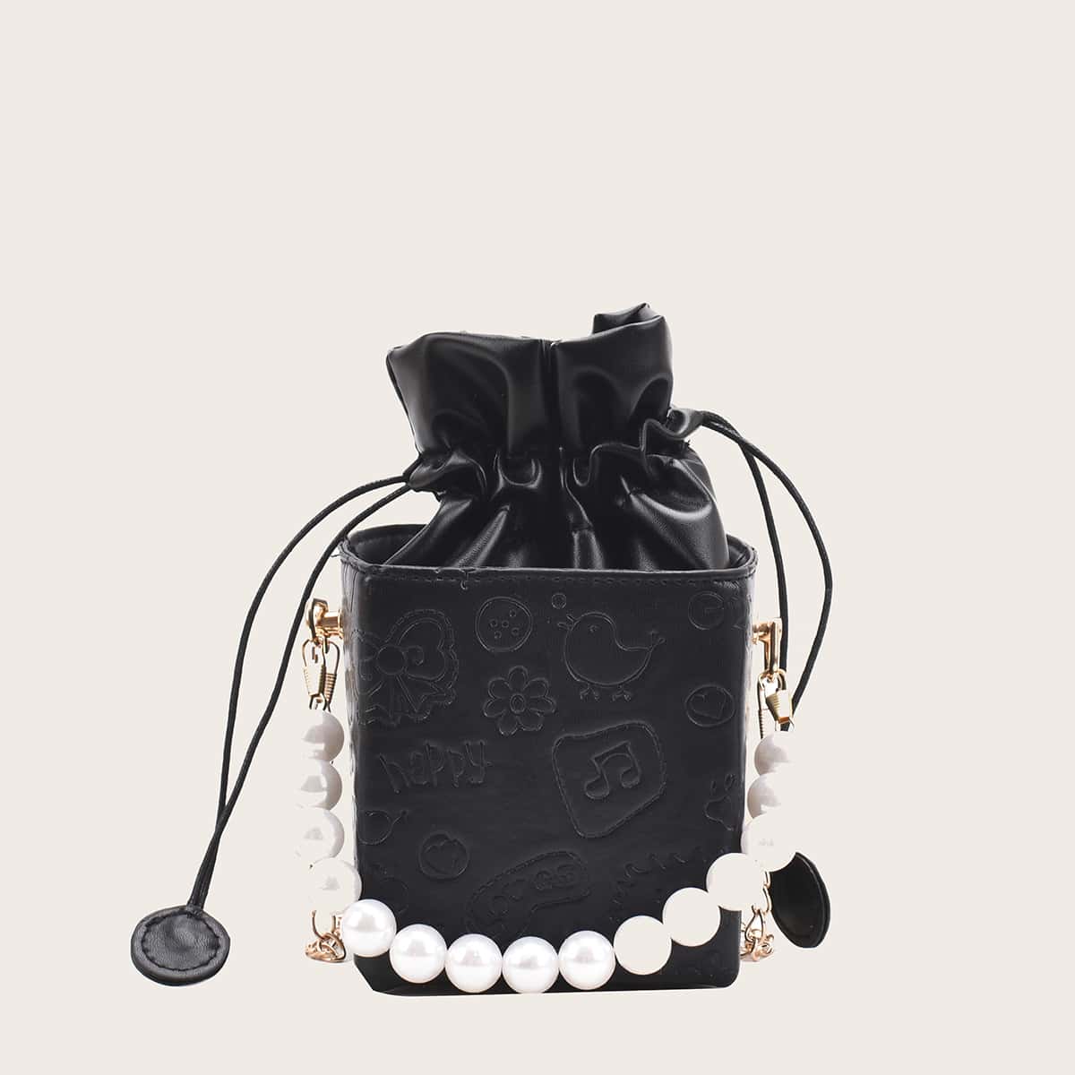 

Cartoon Embossed Faux Pearl Bucket Bag, Black