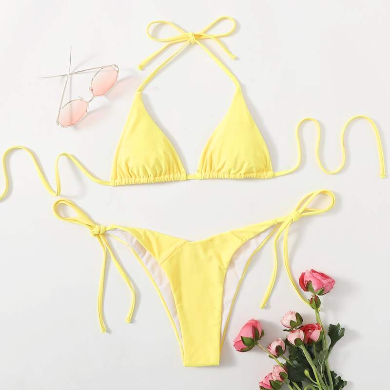 

Triangle Halter Tie Side Bikini Swimsuit, Yellow
