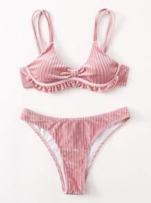 夏季海灘度假荷葉邊比基尼套裝 - 藕粉色 - 查看 1