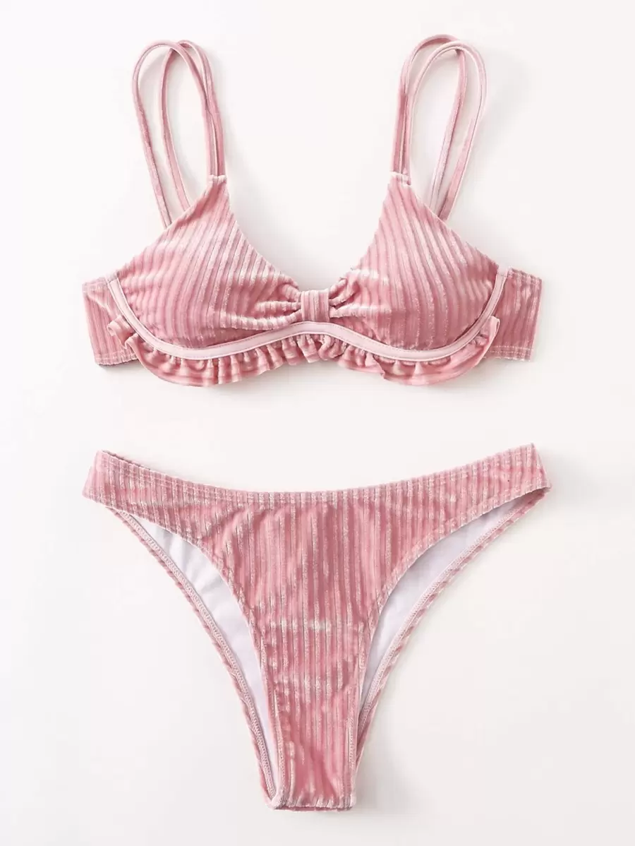 夏季海灘度假荷葉邊比基尼套裝 - 藕粉色 - 查看 1