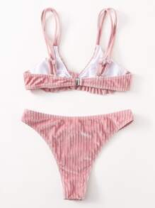 夏季海灘度假荷葉邊比基尼套裝 - 藕粉色 - 查看 2